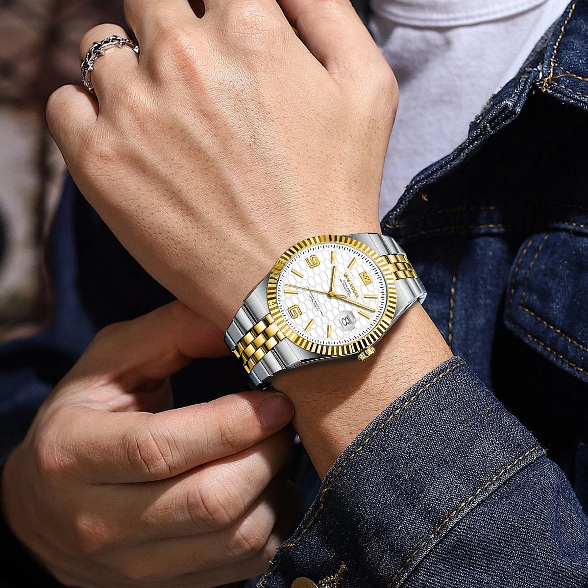 Watch for Men Stainless Steel Business Style 40mm Quartz Movement 3Bar Waterproof Clock Fashion Honeycomb Calendar Wristwatches