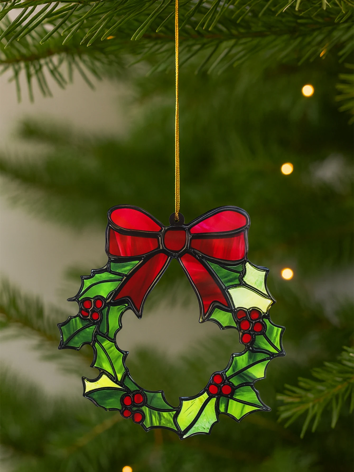 Green Christmas Acrylic Holly Wreath Ornament with Red Bow, Hanging Window Decor, Festive Xmas Tree Decoration for Home & Party