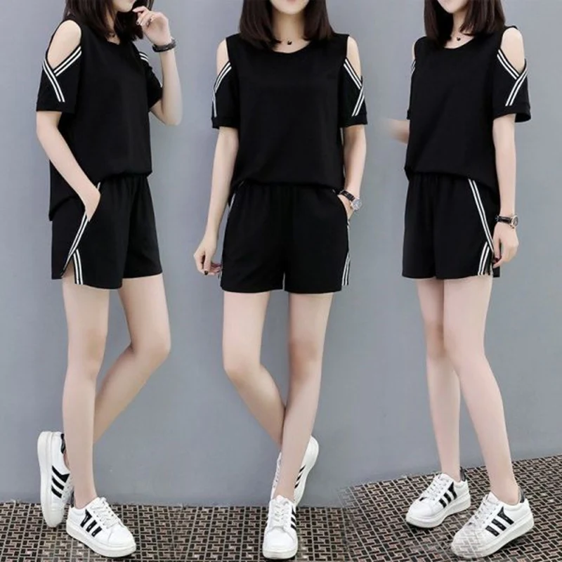 

Summer Loose Casual Sportswear Set for Students Women Short Sleeve T-Shirt Shorts Two-Piece Set Slimming Shoulder Baring Trendy