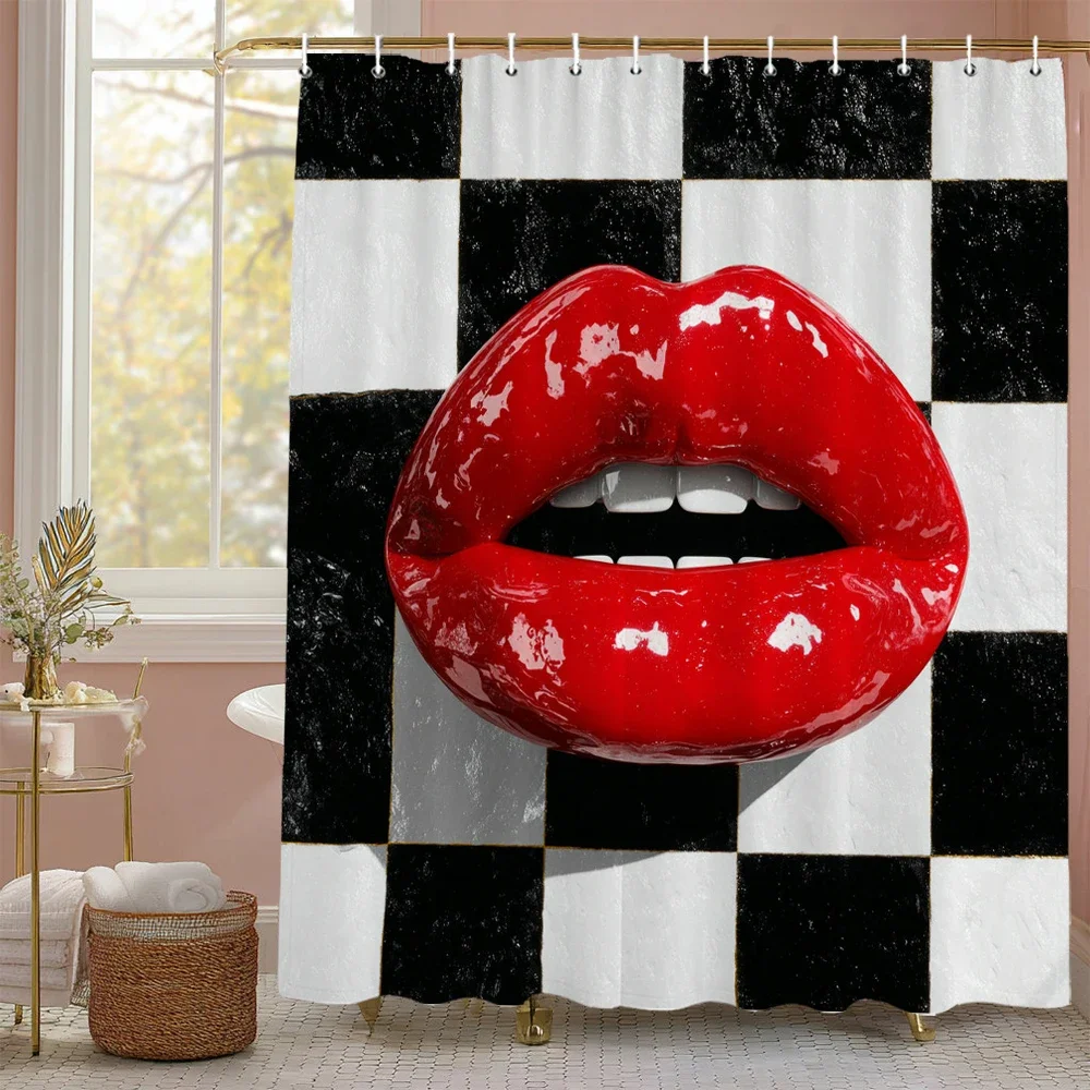 Modern Black and White Pattern, Sexy Red Lips Shower Curtain for Bathroom Romantic Decorative Shower Curtains with Hooks