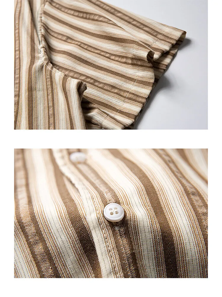 City Fanpin Summer Cuban collar retro patch pocket striped short-sleeved shirt Korean version of the old money style cleanfit