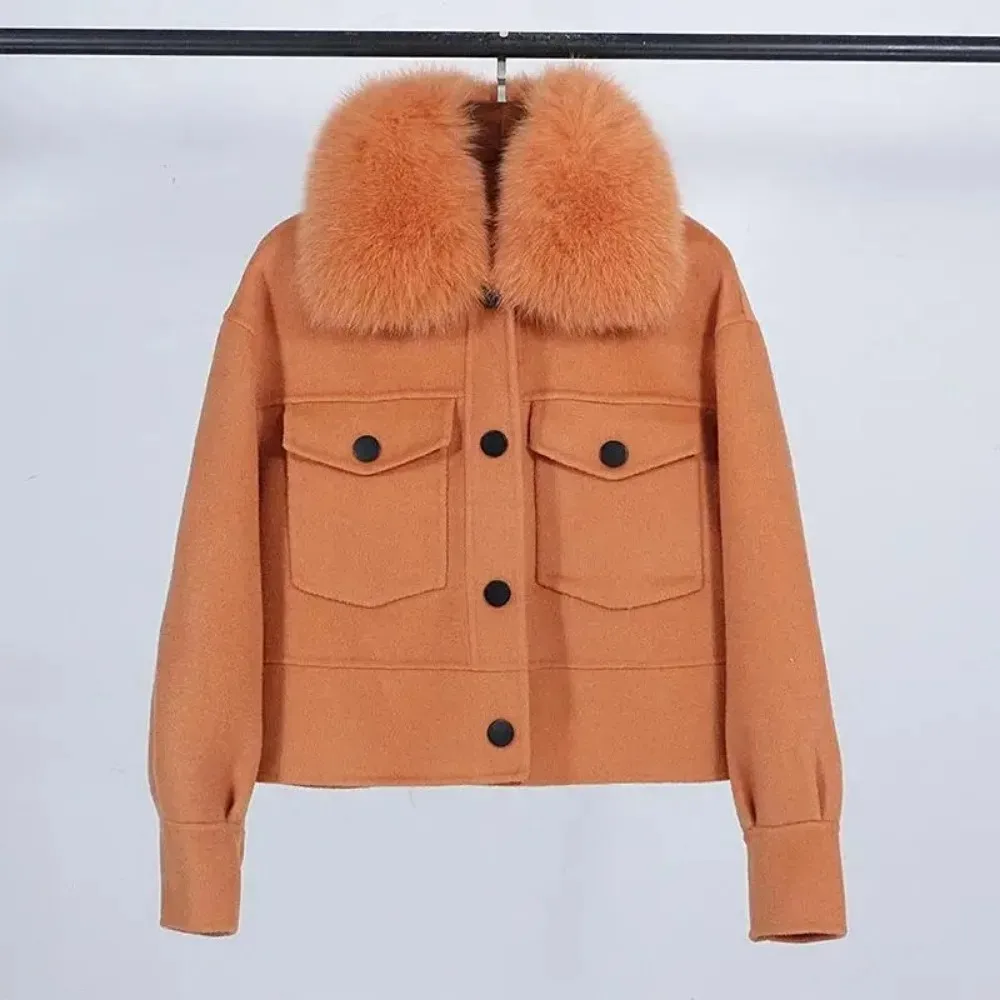 2024 New Autumn and Winter Fox Fur Collar 10% Cashmere 90% Wool Double-sided Wool Coat Women\'s Short Casual Loose Wool Coat