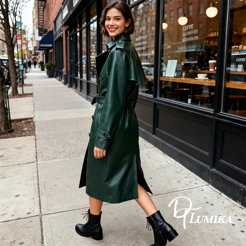 DTLumika Celebrity Windbreaker Jacket Autumn Winter Double Row Buckle Belt Coat for Women Slim Fitting Long Jackets