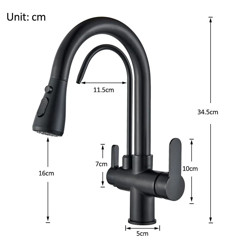 Matte Black Filtered Crane For Kitchen Pull Out Spray 360 Rotation Water Filter Tap Three Ways Sink Mixer  Faucet