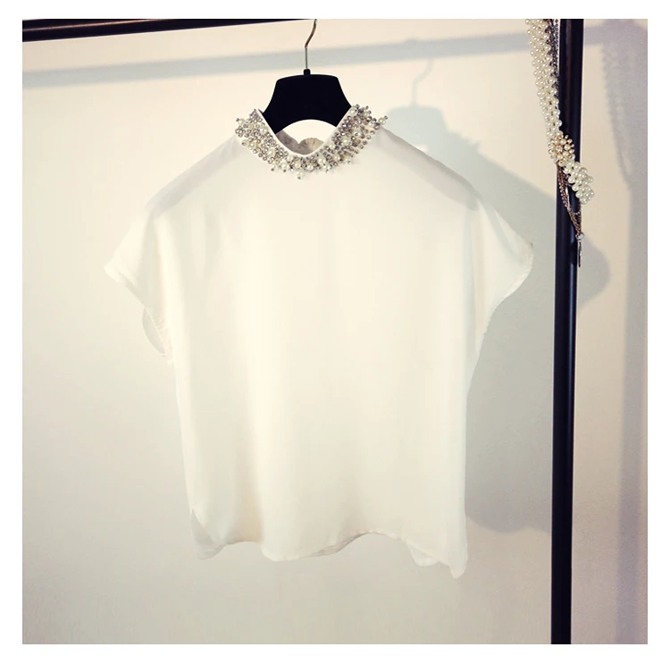 Luxury Beads Stand Collar Chiffon Blouse Rhinestone Pearl Short Sleeve Solid Color Korean Elegant Summer Women Shirt Tops