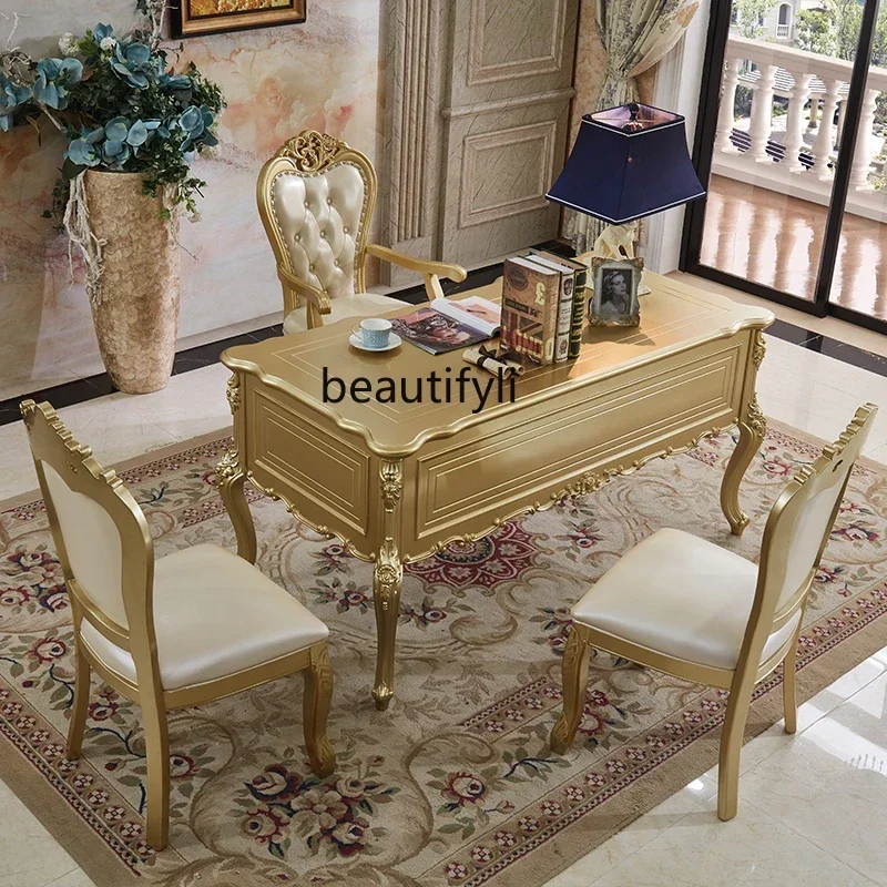 

European desk book chair combination study computer office writing table champagne gold