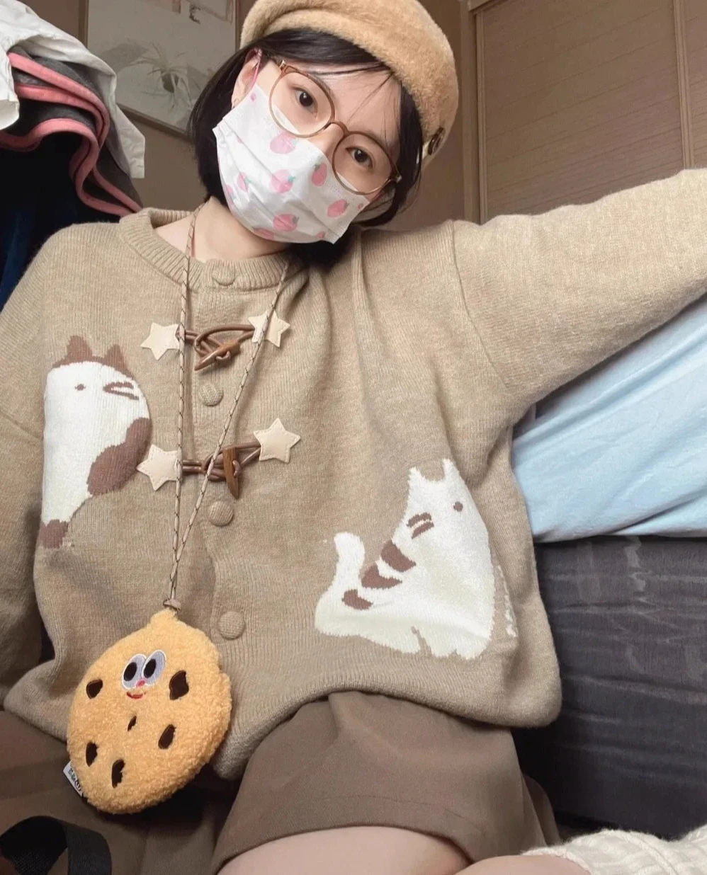 

Harajuku Sweet Cute Star Cat Jacquard Sweater Cartoon Tops College Girls Bull Horn