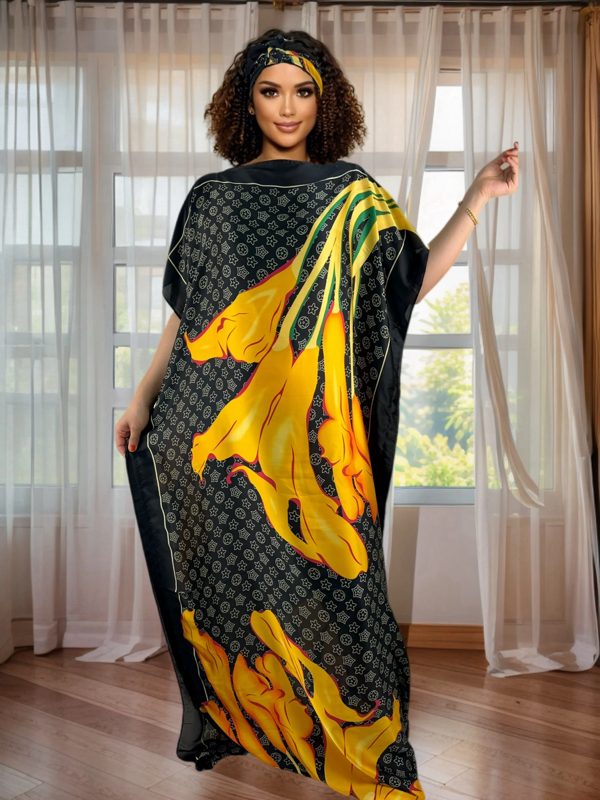 

African Women's Print Dresses Stylish Long Evening Gowns Robes with Headscarf