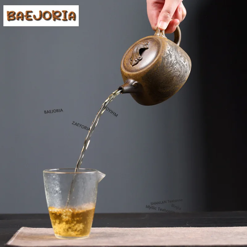 BAEJORIA 350ml Retro Yixing Purple Clay Teapots Handmade Ruyi Well Fence Pot Raw Ore The Keel Gold Sand Mud Kettle Zisha Tea Set