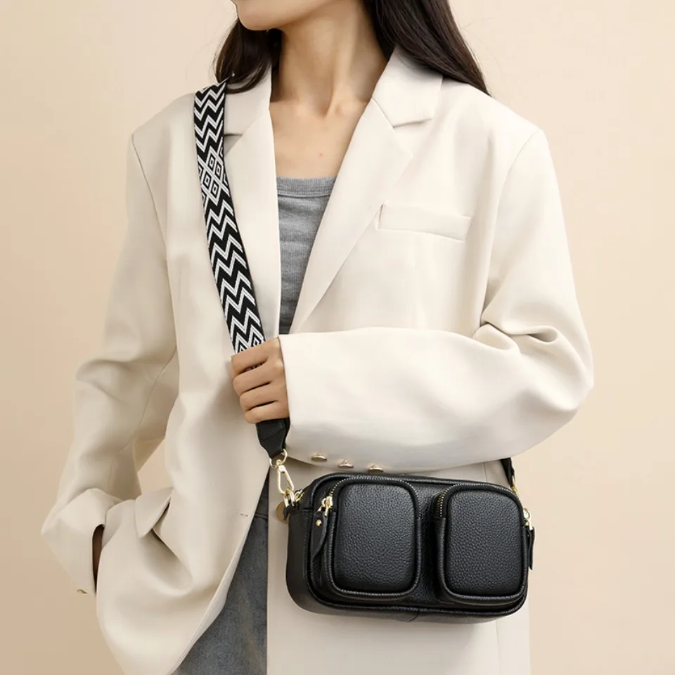 Genuine Leather Two Front Pockets Shoulder Bag High Quality Solid Color Crossbody Bags for Women Luxury Cow Leather Female Purse