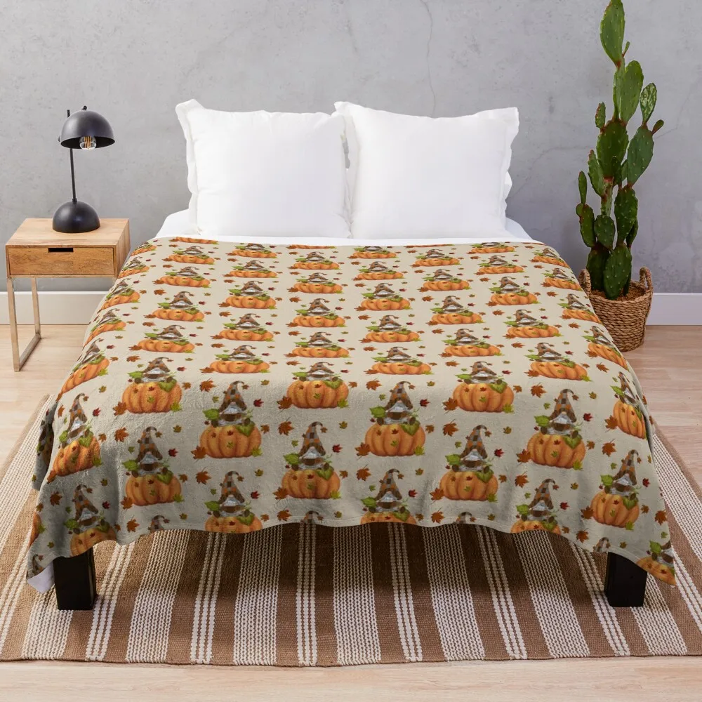 

Gnome Halloween Fall Leaves & Pumpkin Throw Blanket christmas gifts Heavy Cute Plaid Summer Blankets