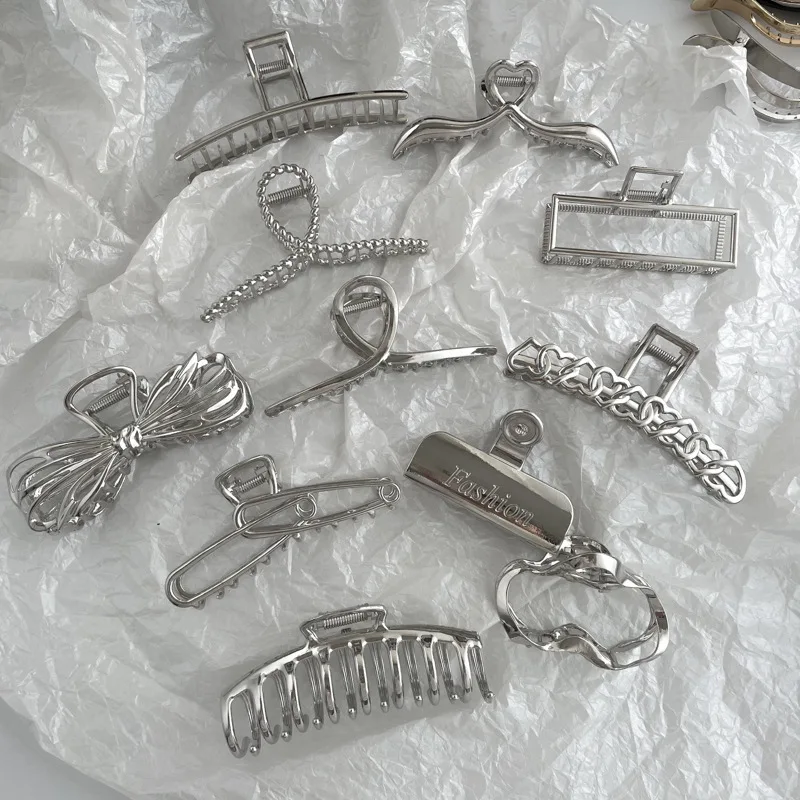 Cold wind silver grab clip high-grade metal hair clip large shark clip Korean headwear hair clip wholesale