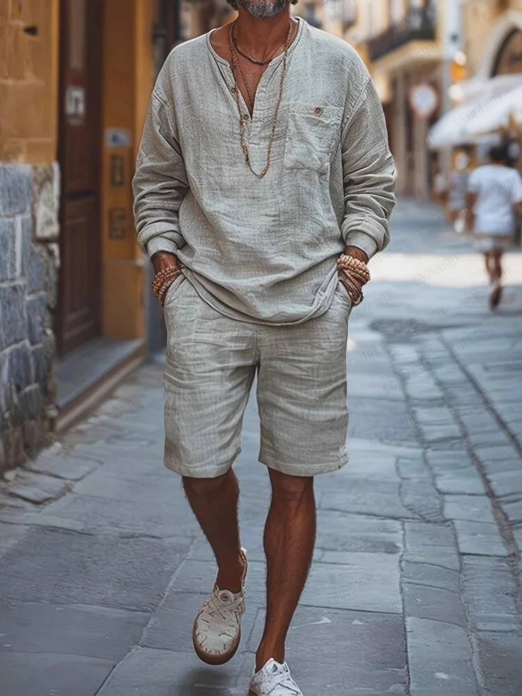 Mann Zwei Stück Set 2025, Neue männer Einfarbig Langarm T-shirt Shorts Set Leinen Strickjacke Casual Lose Kurze lange Ärmel Shirts
