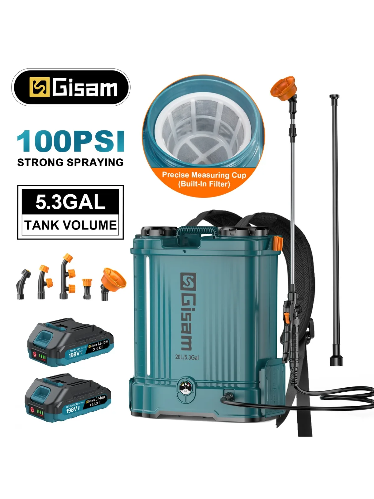 Elektryczny opryskiwacz Gisam 100PSI 20L o dużej pojemności do podlewania trawników i ogrodów, opryskiwacz plecakowy, narzędzia do akumulatorów Makita 18V. (2 Battery) — Zdjęcie 2 z 2