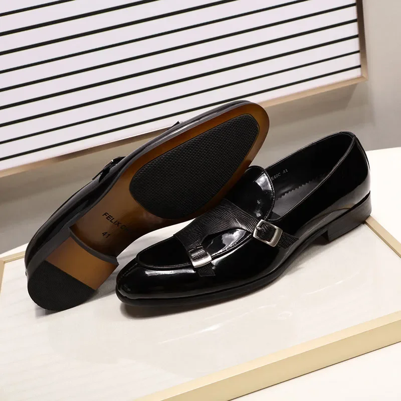 FELIX CHU Men\'s Patent Leather Loafers Black/Green Monk Strap Slip-On Shoes for Wedding Party Dress Casual Fashion