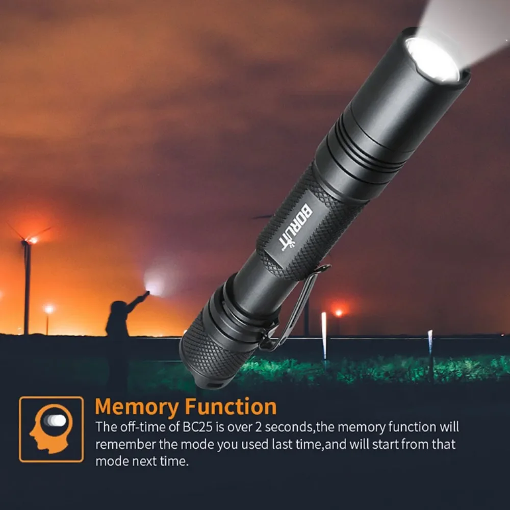 BORUiT BC25 LED torcia Mini torcia medica portatile IPX8 impermeabile uso lampada a batteria AA con funzione di memoria illuminazione da campeggio