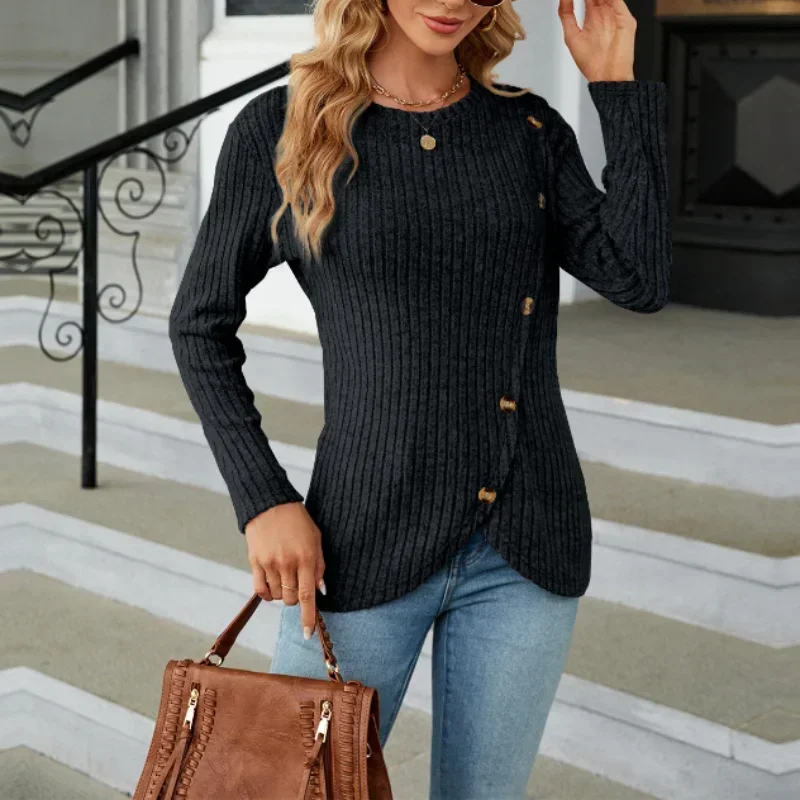 여성 의류 2024 새로운 가을 기본 풀오버 스플 라이스 버튼 솔리드 라운드 넥 풀오버 긴 소매 캐주얼 슬림 셔츠 여성