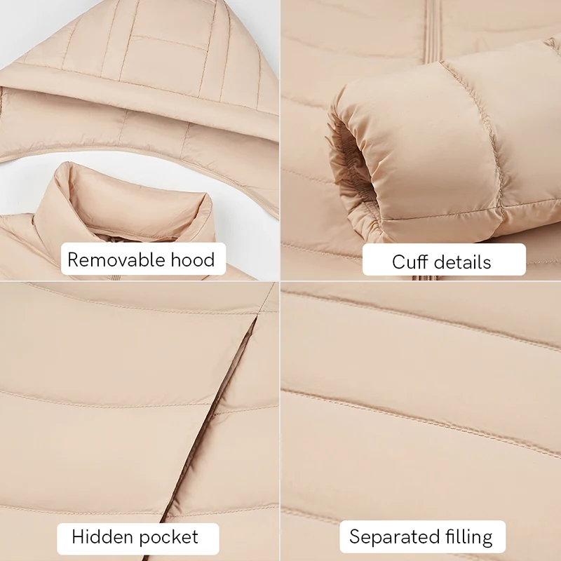 Chericom Short Light Down Jacket Removable Hat Quilted Design Slim Zipper Closure Inside Stacked Casual Warm Clothing Y289002Y