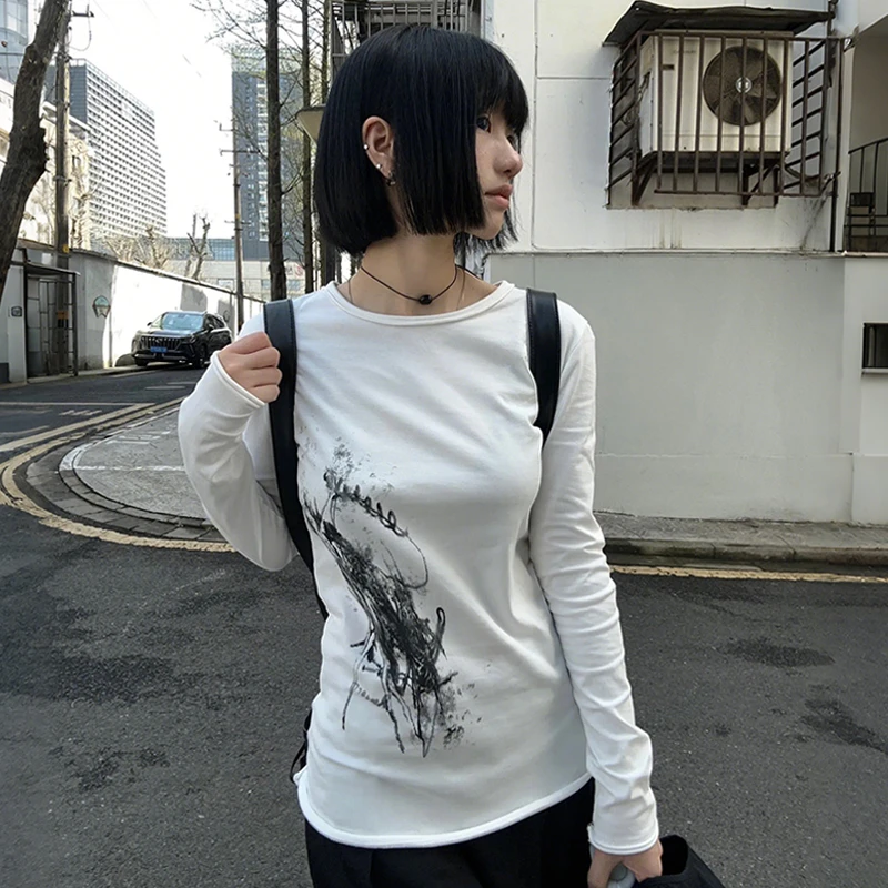 Karrcat trashy y2k tatuagem impressão camiseta grunge estética manga longa camiseta vintage 2000s estilo streetwear americano retro