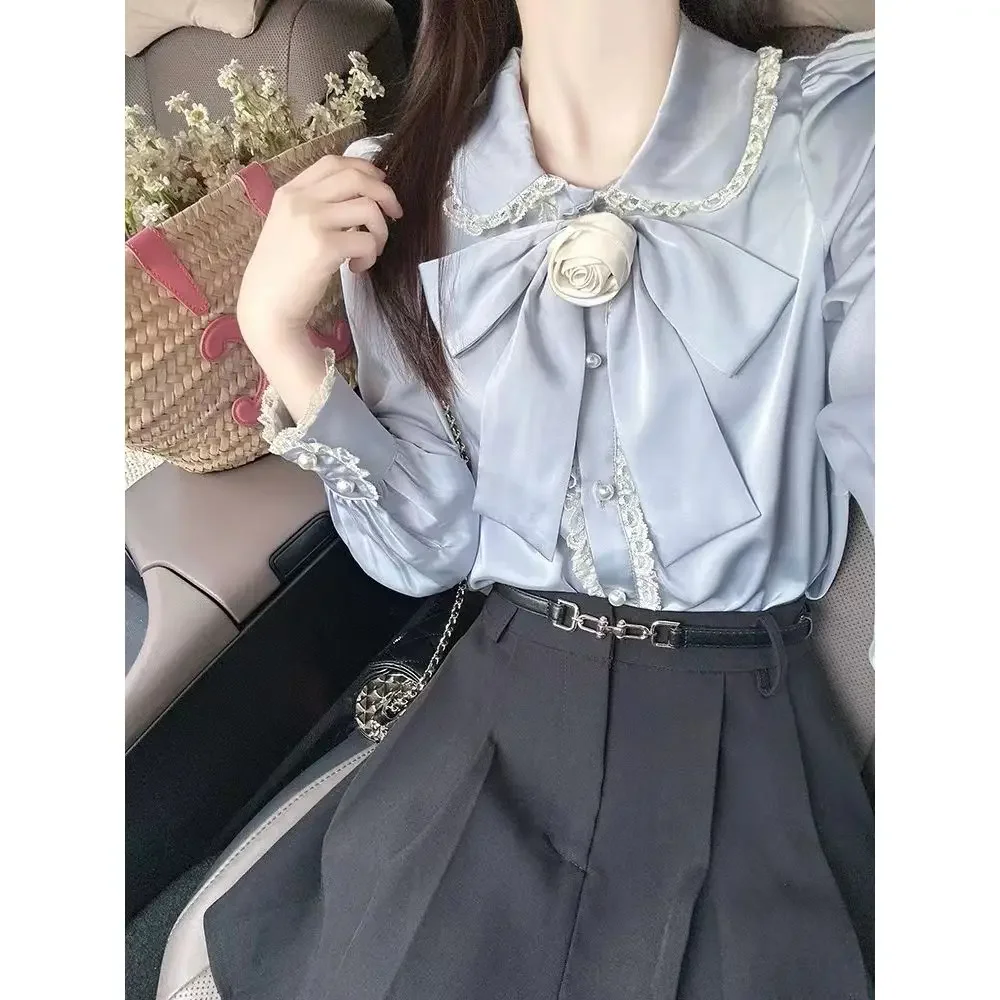 

French small fragrant wind doll collar shirt women's early autumn new detachable camellia bow satin lace temperament top