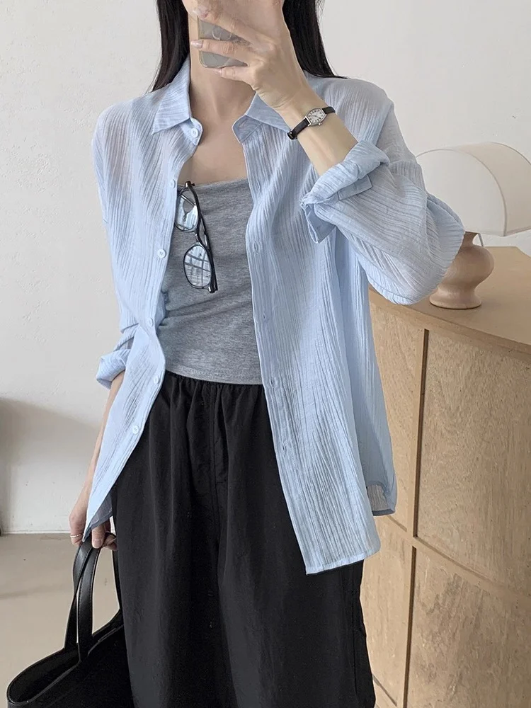 

Chic Textured Long Sve irt Jaet Women's Casual Versatile Single Button Loose Fit Korean Sle Commute Faion