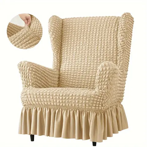 Seersucker Wing Chair Cover Solid Color King Armchair Slipcover Stretch Wingback Sofa Covers with Cushion Cover Home Decor