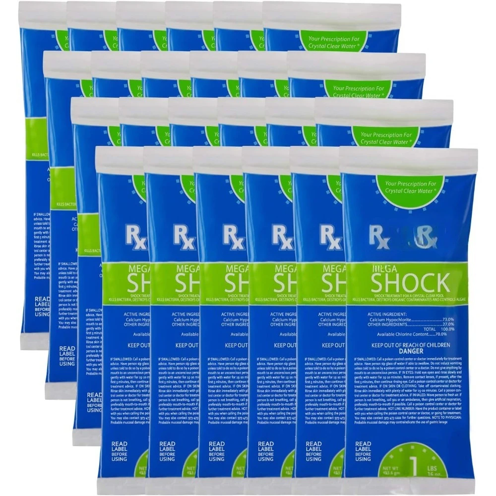 Envío en EE. UU. Mega Shock 73% Hipoclorito de Calcio para Piscinas, Elimina Algas, Sanitizante, Clarificador, Algicida, Bolsa de 1 Libra, Paquete de 24