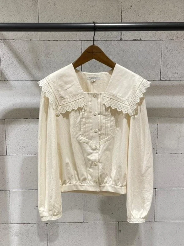 

Elegant Style Cotton Lace Shirt Women's Poster Style Navy Collar Long Sleeve Breathable Comfortable Female Fashion Shirt