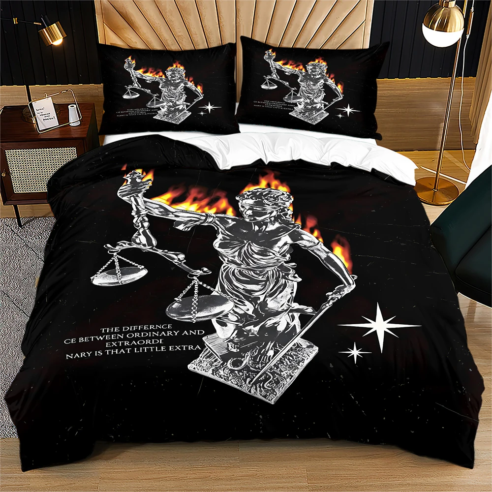 Justice Lady Statue Duvet Cover Set Black Background Flame Scales of Justice Bedding Set Twin Full Queen King Size for Men
