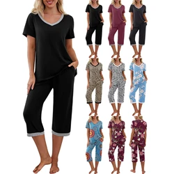 Summer two piece set women solid/floral/leopard short sleeve v-neck t-shirts sporty+pants matching sets loungewear home outfits