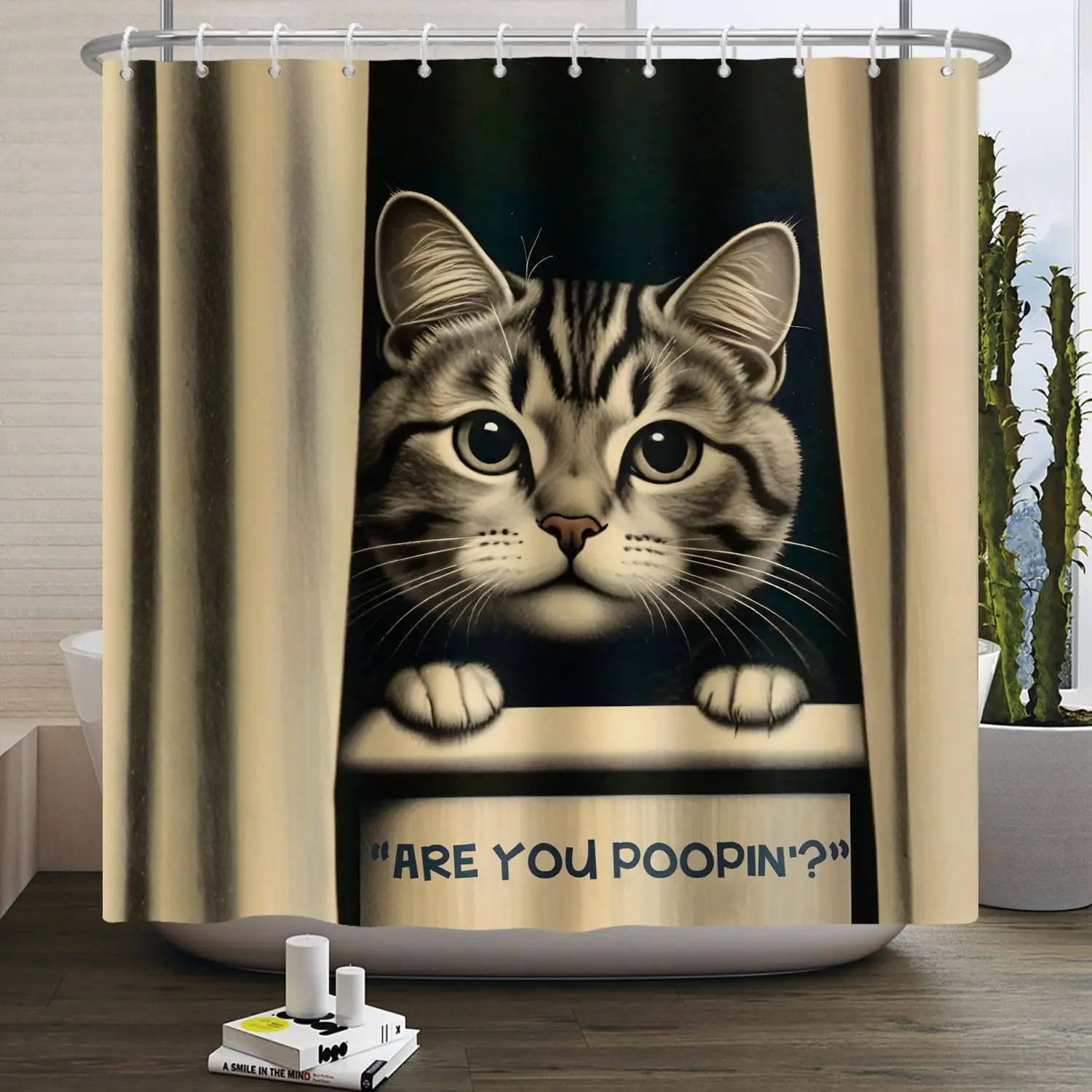 

Cat Shower Curtains Cute are You Poopin' Funny Humorous Animal Whimsical Bathroom Curtain Curious Joke Cat Shower Curtain Sets