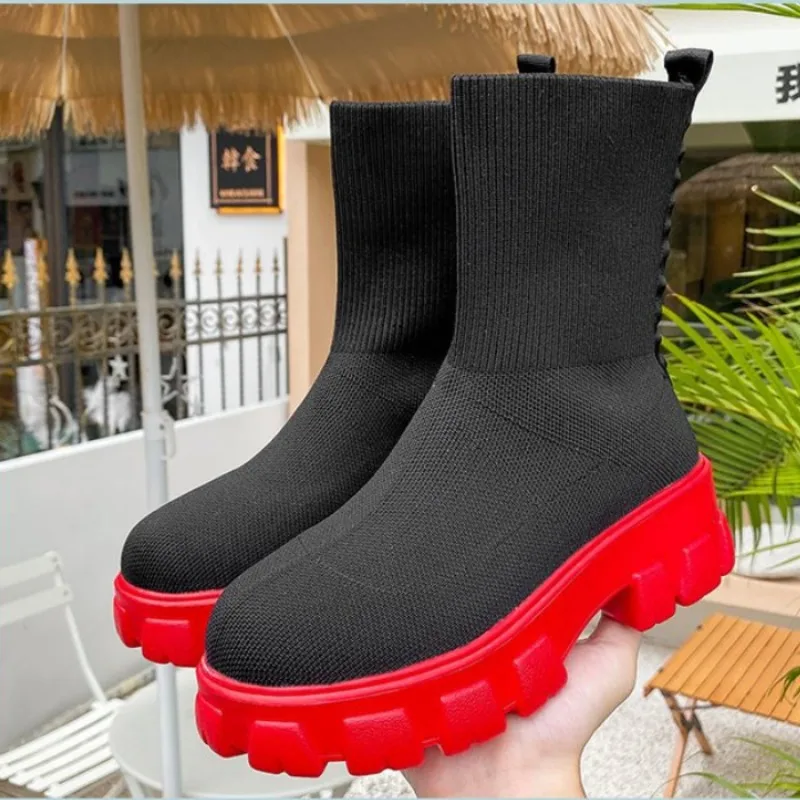 

2023 Winter New Woman Ankle Boot Plus Size Socks Boots Knitted Round Toe Short Boots Fashion Platform Breathable Ankle Boot