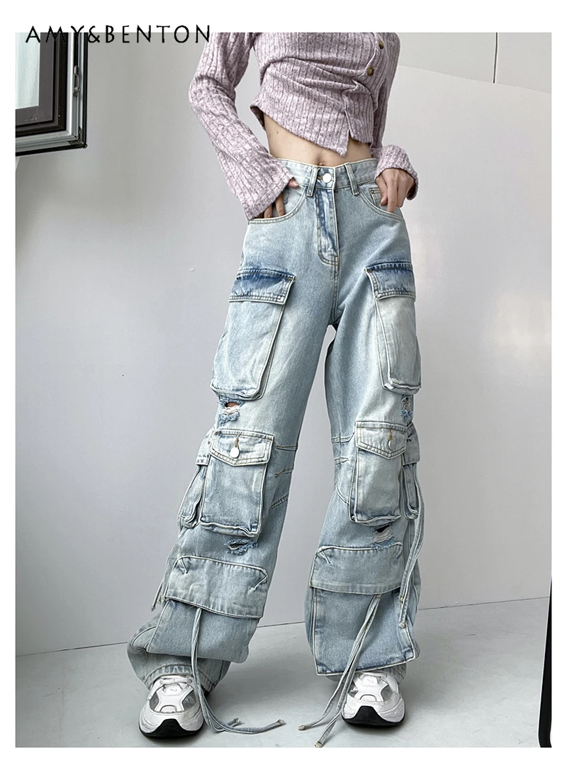 

Heavy Industry Multi-Pocket Jeans Women American Retro High Street Ripped High Waist Jeans Summer Hot Girl Y2K Cargo Pants Women