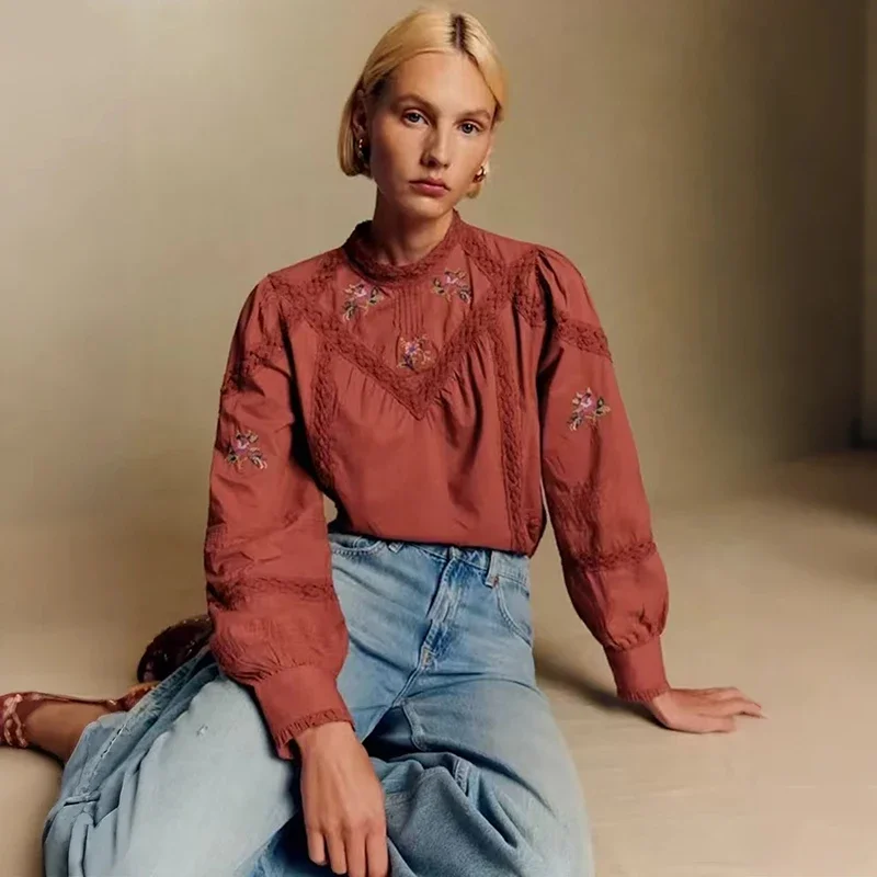 

Women's French Floral Embroidery Blouse 100% Cotton Lace Trim Retro Long Sleeve Pullover Shirt Top Palace Style