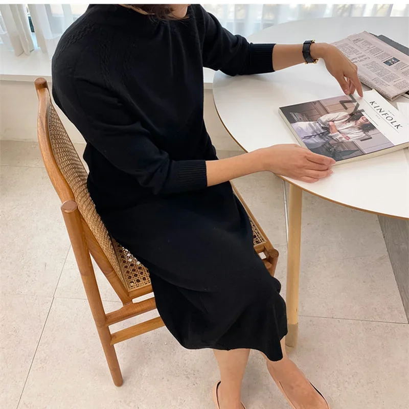 New Korean Long Cashmere Dress Women Autumn Winter Long-sleeve O-neck Sweater Dresses Vintage Oversized Woolen Knitwear