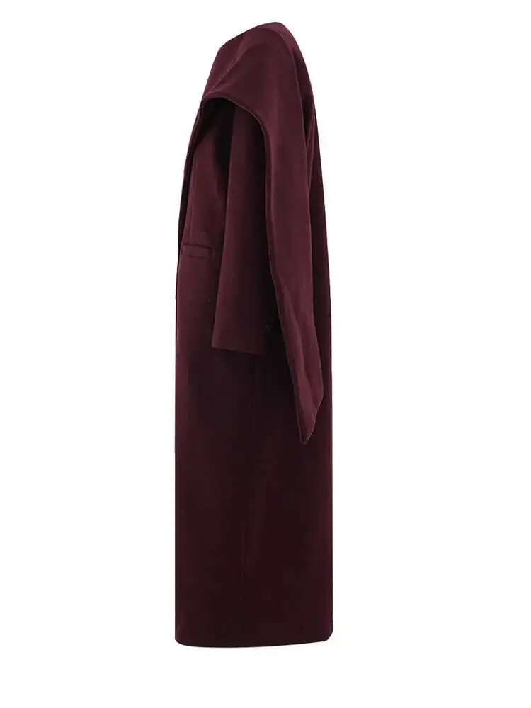Wine Red Thick Big Size Long Woolen Coat New Scarf Collar Long Sleeve Women Jacket Fashion Autumn Winter 2026 PE5K