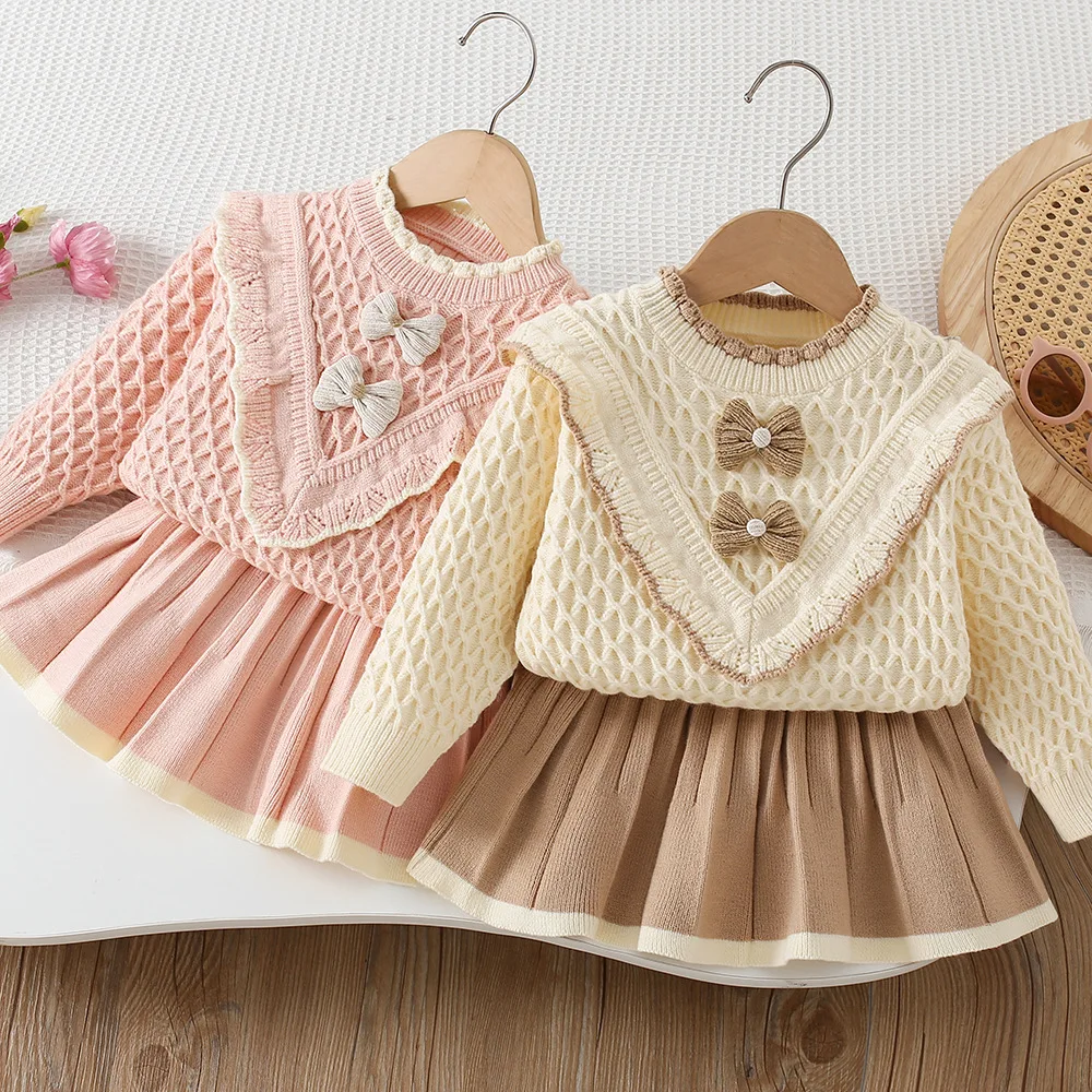 

Kids Girl 2piece Set Korean Autumn Bow Knitwear Sweater Suit 1-6Y Girls Sweet Trendy Ruched Waist Skirt Outfit Baby Girl Clothes