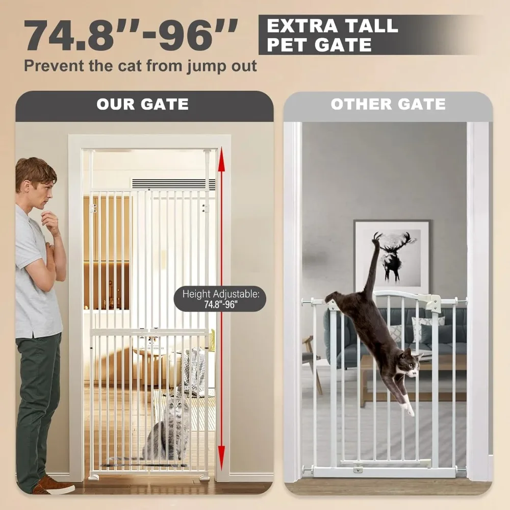 75 Inch Extra Tall Cat Pet Gate, Adjustable 33.4"-35.8" Wide, No Drilling Pressure Mounted, Walk Through Swing Safety Gate