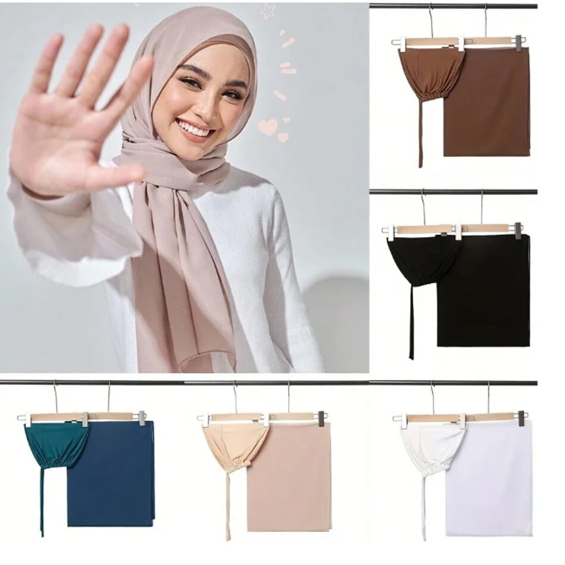 2pcs Set Classic Hijab Caps With Back Tie Lightweight Chiffon Scarf Shawl Set For Daily Use