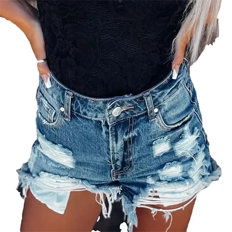 

Fashion Tassel Broken Holes Denim Shorts Women High Waist Washable Three Quarter Pants Female Summer Casual Ripped Streetwear 24