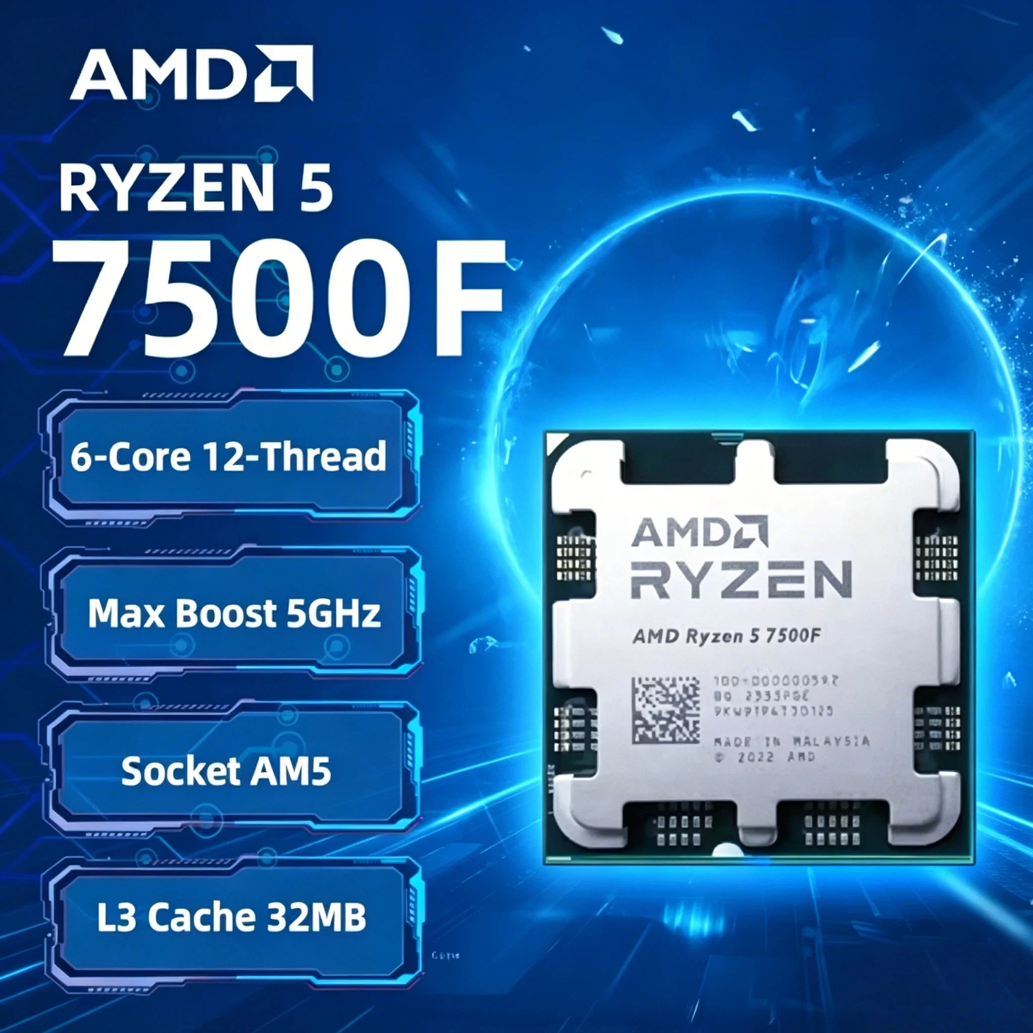 Procesador AMD Ryzen 5 7500F de 6 Núcleos y 12 Subprocesos, 3.7GHz, L3 32M, DDR5, 5NM, Socket AM5, 65W, R5 7500F Nuevo Ultra 4K Fast Pro Max Plus 8K