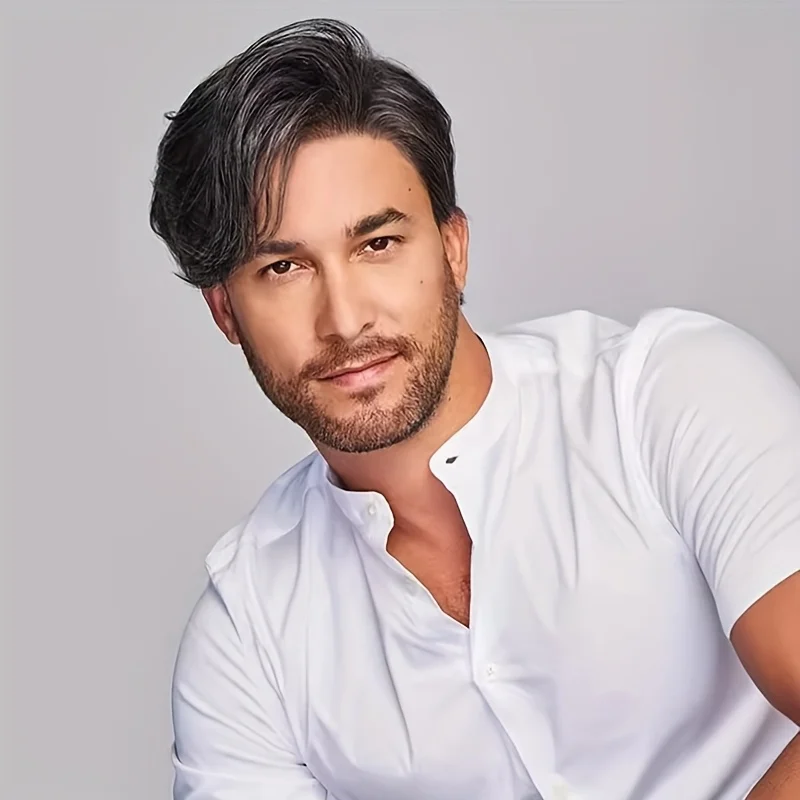 

Мужской модный парик с черно-белой бахромой, 1 шт. – Объемный парик из термостойкого синтетического волокна на сетке-розетке для повседневного использования