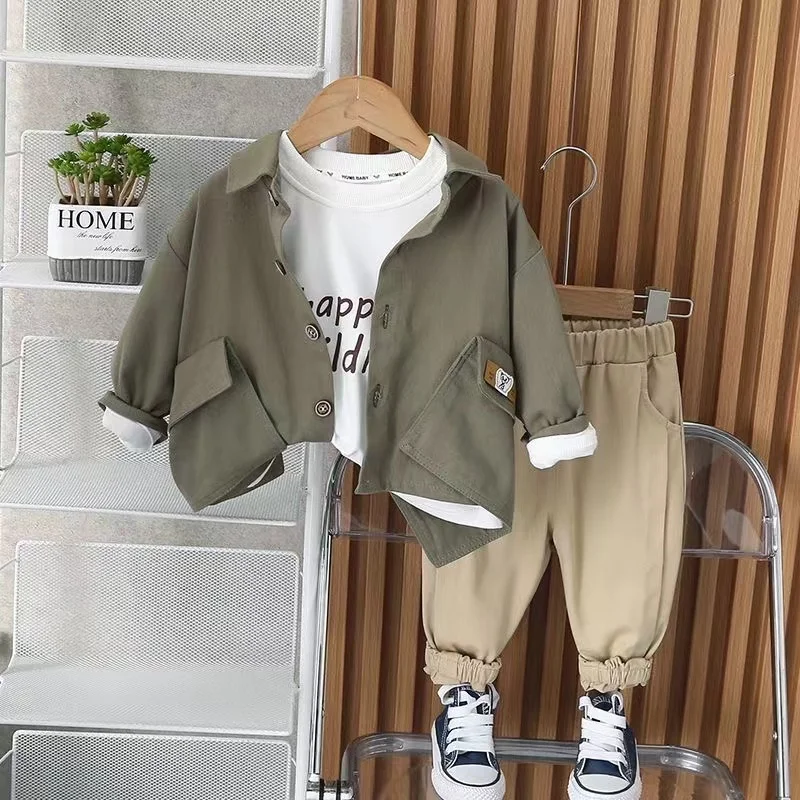 Kid Boys Cotton Spring Suit Short Sleeved 2024 New Baby Children's Shirt+ Pants+ T-shirt Style Suit Boy Clothing