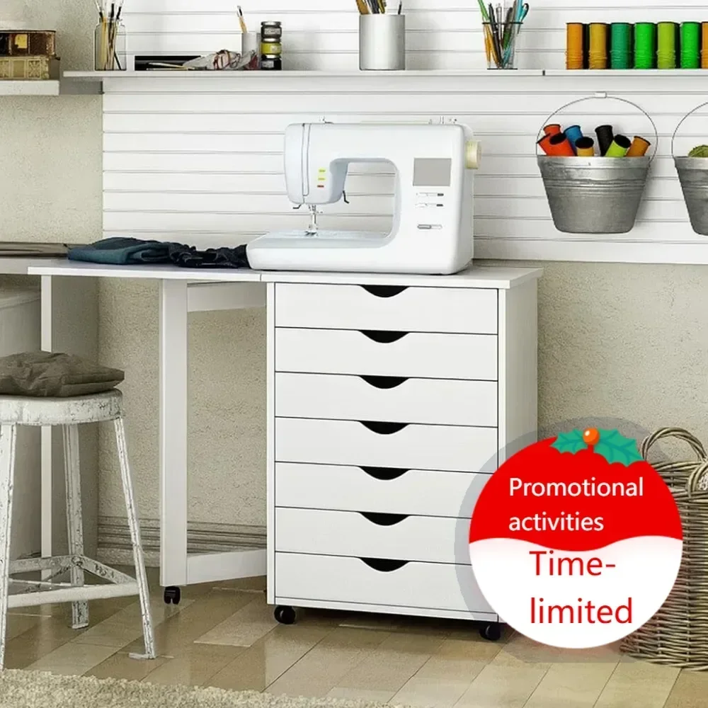

Hot salesSolid Wood Rolling Cart with Drop Leaf Desk, 7 Extra Wide Drawers for Storage, White