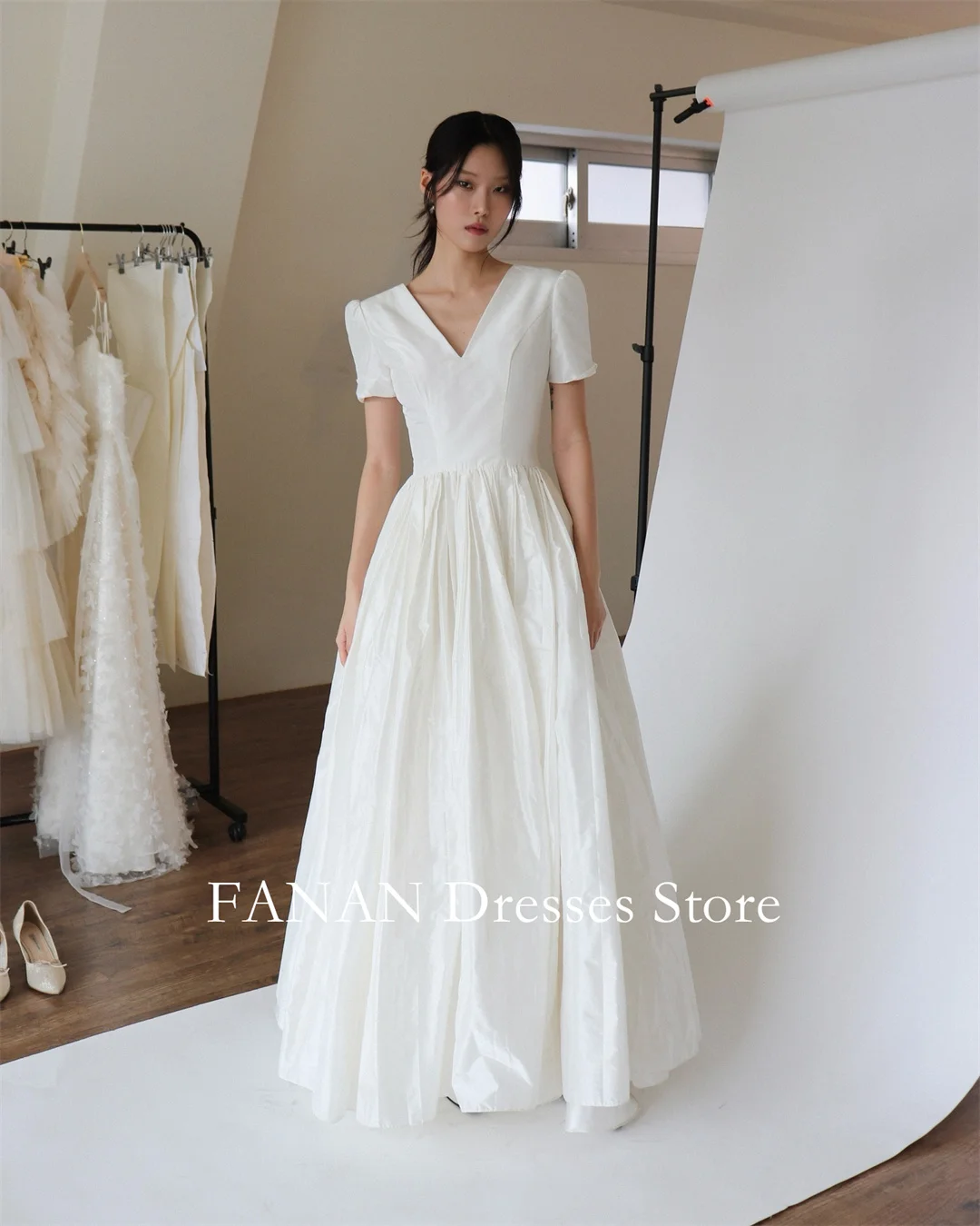 FANAN V-Neck Korea Ivory A-LineTaffeta Wedding Dresses 웨딩드레스 Short Sleeves Customized Pretty  Bride Gowns Plus Size