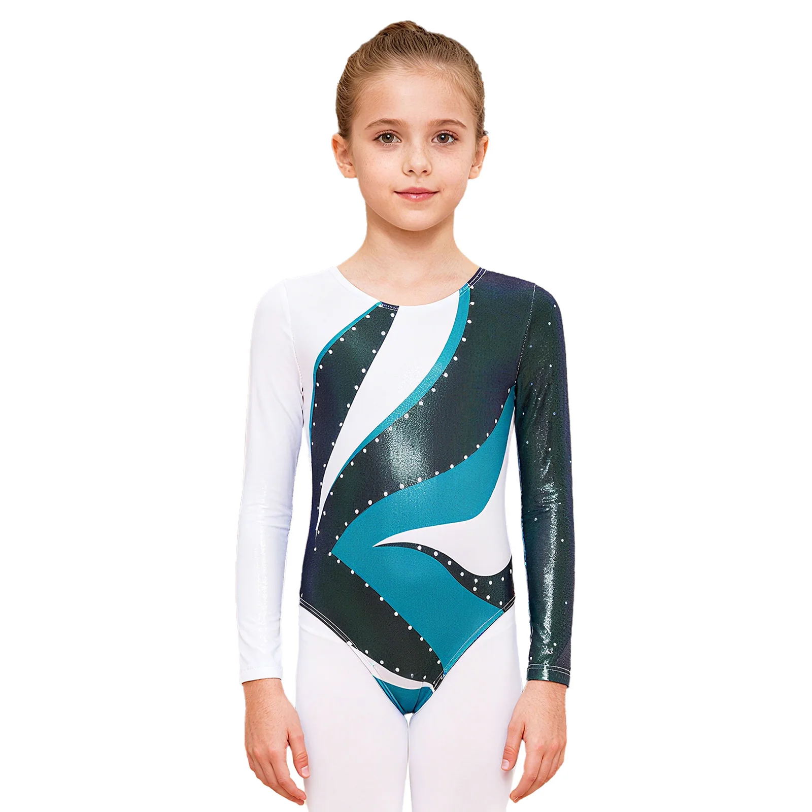 Tenue de danse de Ballet de gymnastique pour enfants filles, combinaison imprimée à col rond et manches longues pour exercices de gymnastique de classe de danse