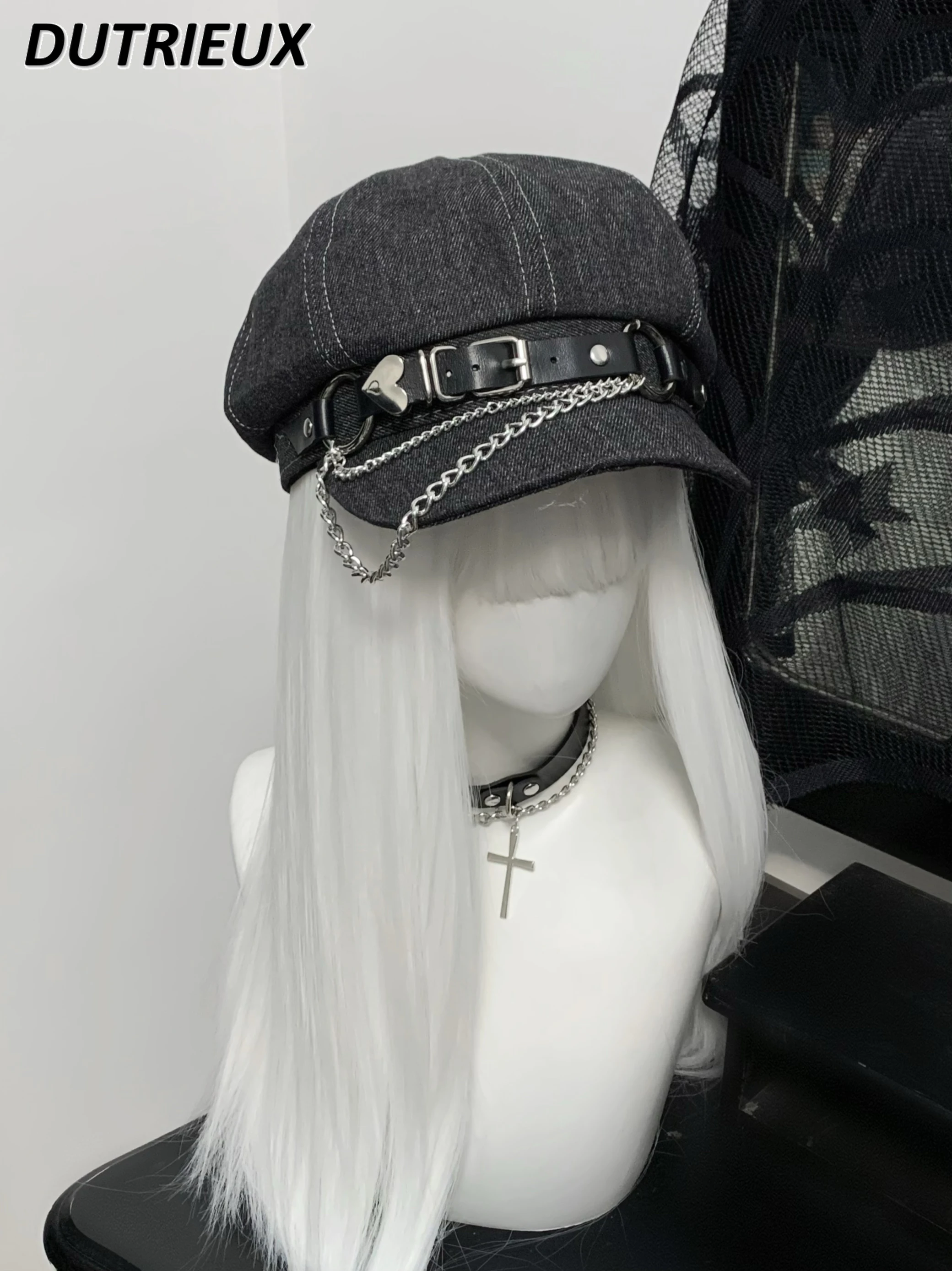 

2024 New Spring Autumn Beret Metal Cool Denim Gray Sweet Cute Cool Hat Fashion Women's Berets Japanese Style Y2K Caps Female