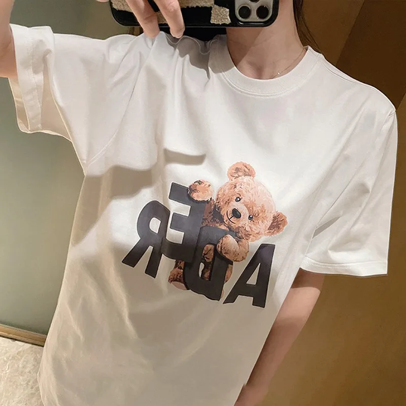 2024 New Summer Women\'s Cartoon Bear Print Loose Oversized Casual Round Neck Short Sleeved T-shirt Top