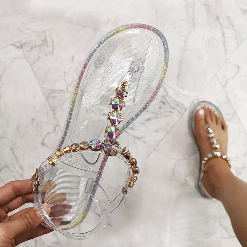 2024 New PVC Beach Women Summer Sandal Woman Jelly Shoes Diamond Transparent Flat Outdoor Ladies Sandals Large Size 42