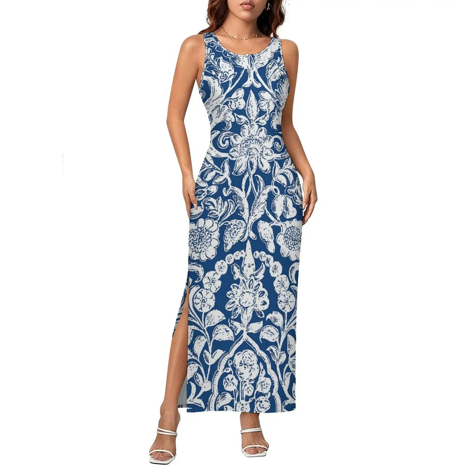 Antique Floral Dress Sleeveless Blue And White Casual Y2k Maxi Dresses Elegant Bodycon Dress Women Design Oversized Clothes